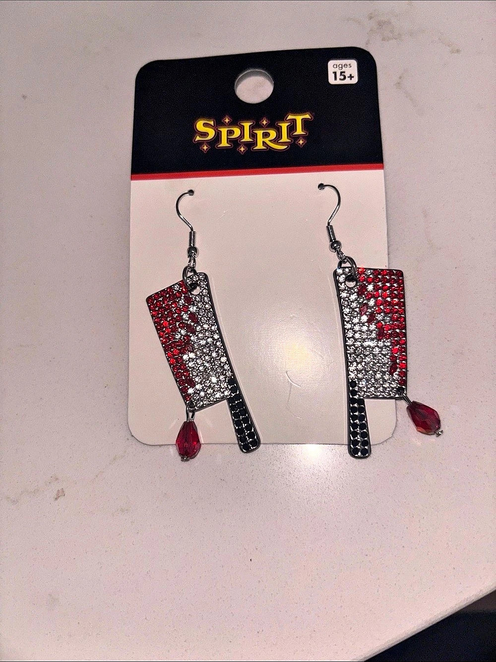 Spirit Halloween Bloody Cleaver Rhinestone Dangle Earrings Red & Black